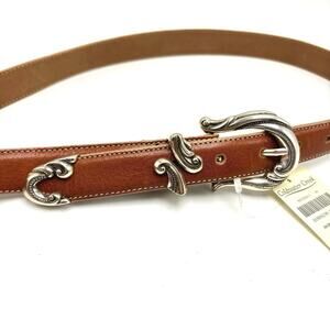 Coldwater Creek Fashion Belt M 29-33 Metal Tipped Brown Leather Swirl Buckle USA